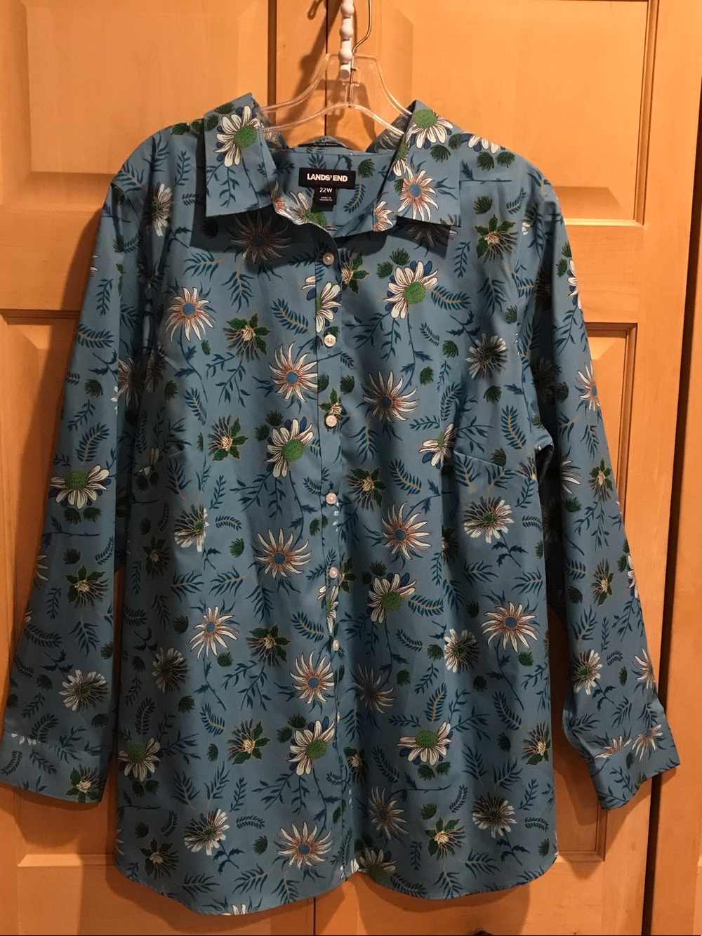 Lands' End Teal Floral Button-Front Blouse
